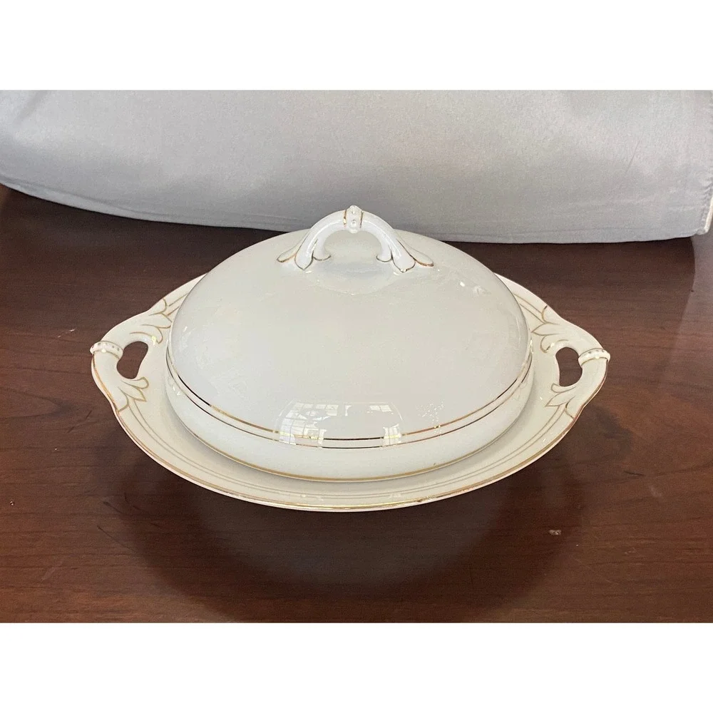 Antique Jaeger & Co Bavaria Covered Butter Dome Dish Keeper Ivory & Gold‎